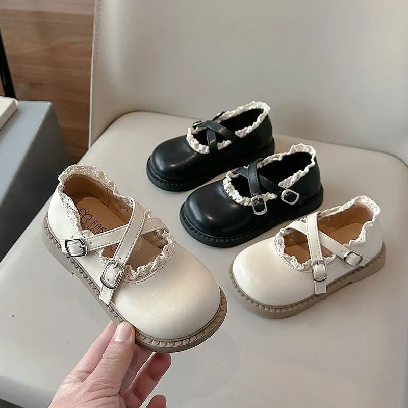 Children's Leather Shoes Chic Ruffled Edge Versatile Princess Shoes for Girls Fashion Simple New Kids Causal Flat Non-slip