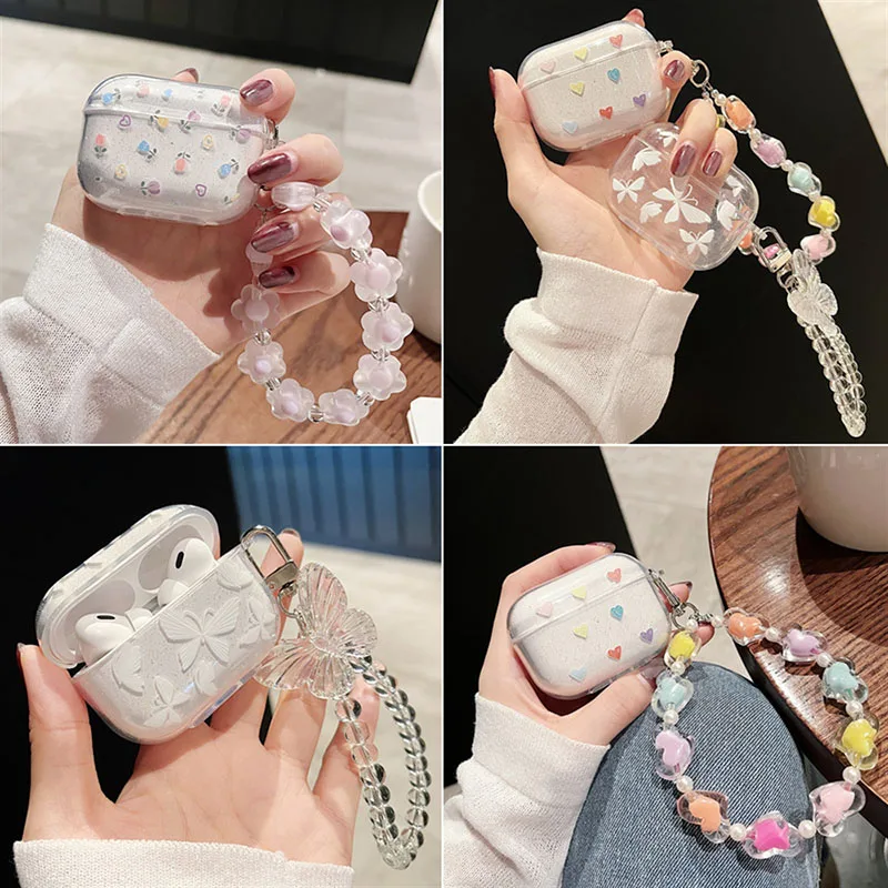 Clear butterfly Cute Cover for Airpods Pro 2nd Generation Case with Beaded  Keychain for Women For Airpods 1 2 3 Pro2 Soft Cover