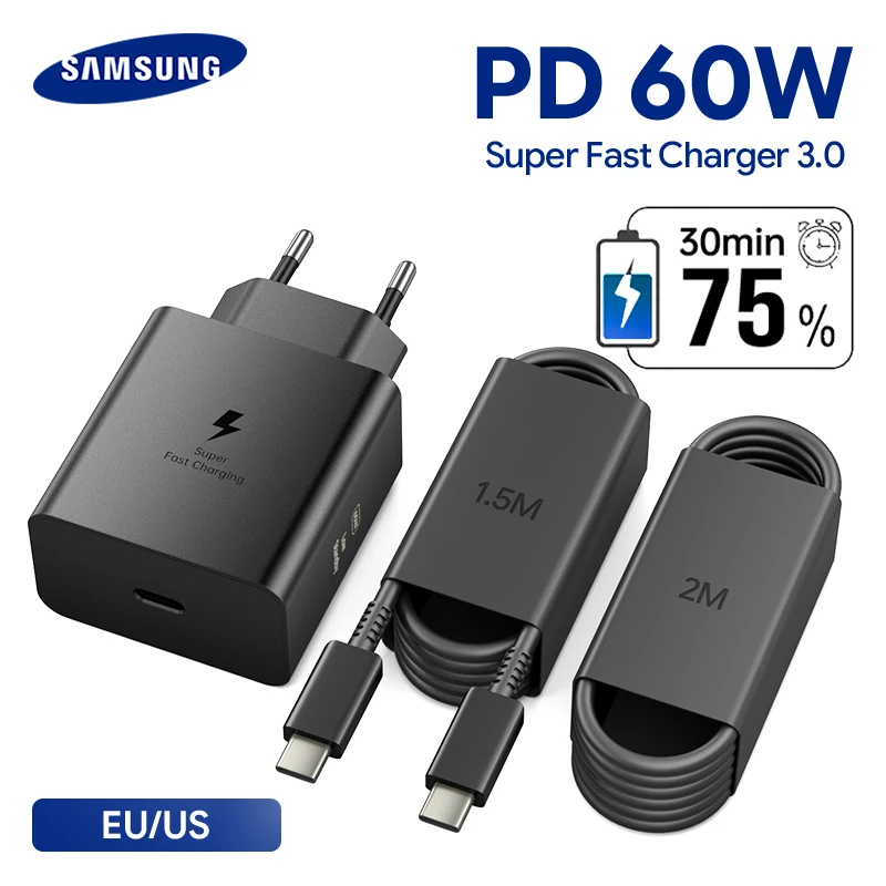Cargador Original Samsung de 60W PD, Cargador Superrápido Tipo C para Galaxy S26 S25 S24 S23 S22 Ultra Plus A16 A55 Tab S10 FE para iPhone 17