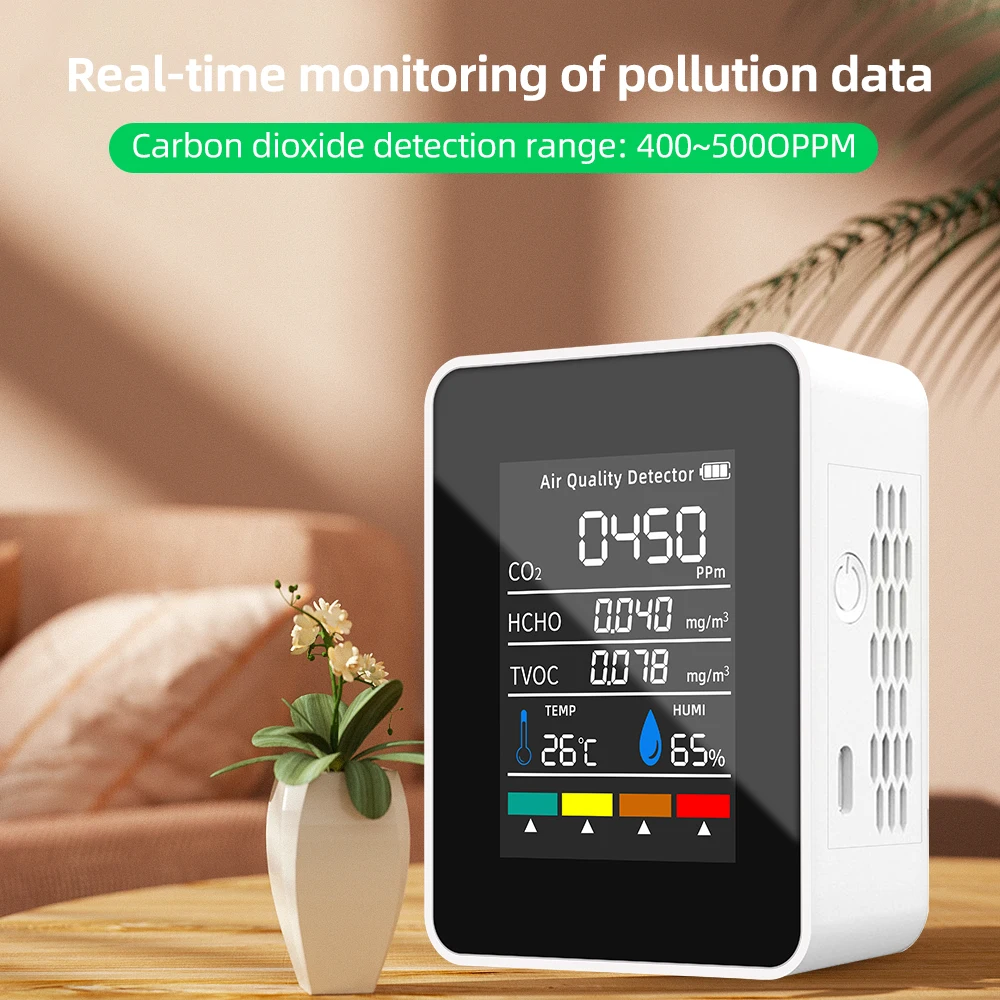 5 In 1 Digital Air Quality Detector CO2 HCHO TVOC Temperature Humidity Monitor Tester Carbon Dioxide LCD Rechargeable Detector