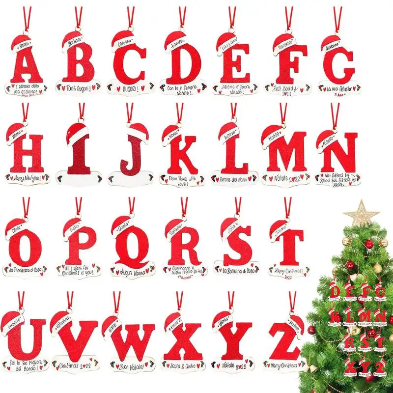 

Red Initial Christmas Ornaments A To Z Wood Ornaments With Red Hat Tree Decorations Wooden Gifts Red Stocking Tags For