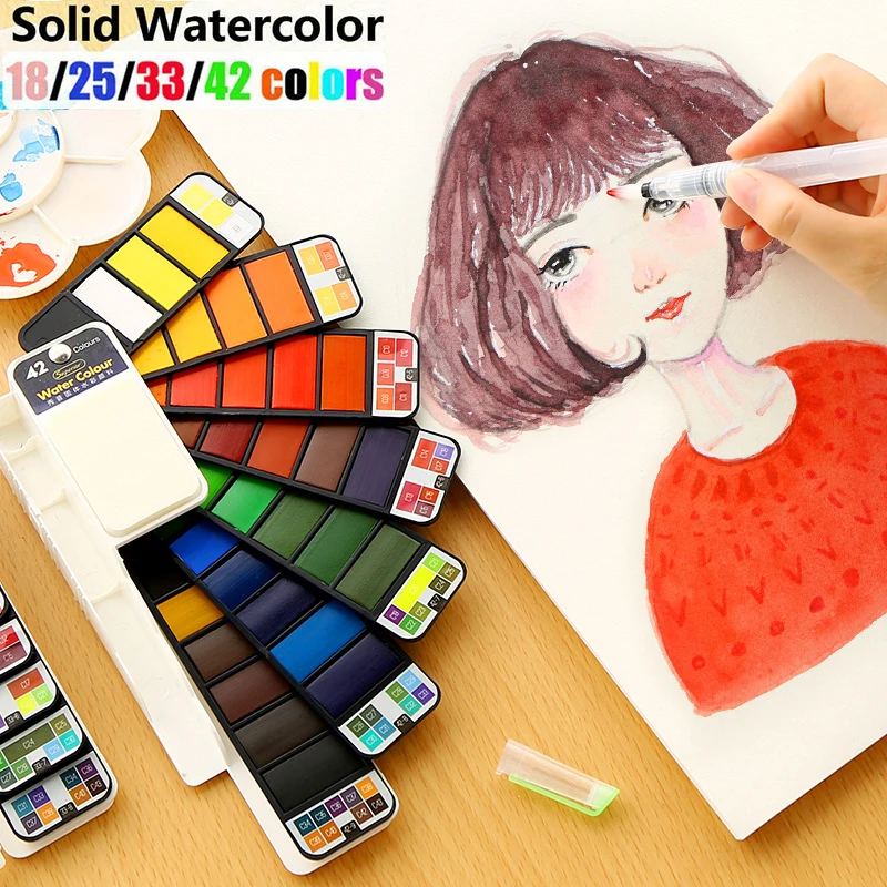 Fan Folding Watercolor Paint Set Portable 18/25/33/42 Colors Solid Gouache with Water Brush Safe Non-toxic Art Supplies for Kids