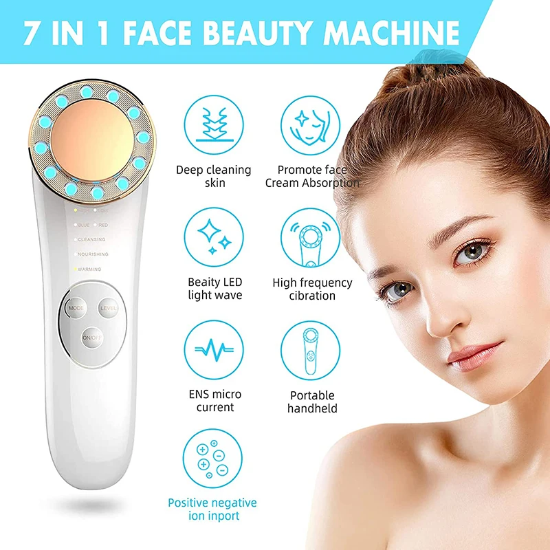 Neck Face Massager Electrotherapy Skin Care Tool Skin Care Device 7 in 1 Face Lifting Machine EMS Micro Current Galvanic Facial Massager Face Tightening Red Blue Light