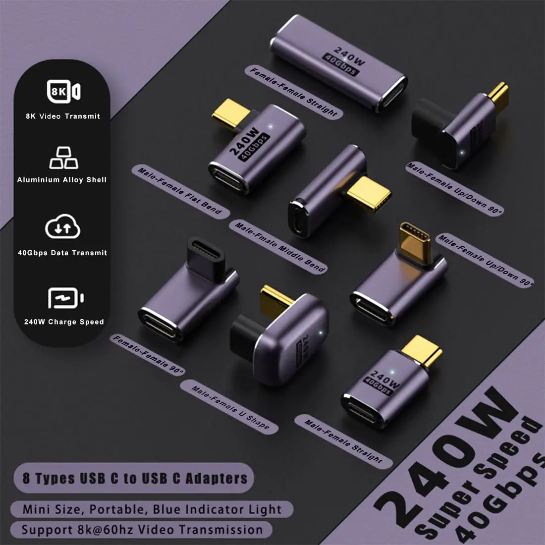 High-Speed 240W USB-C Adapter with 8K 60Hz Support - Right Angle & Straight Options, Versatile Charging and Data Connectivity