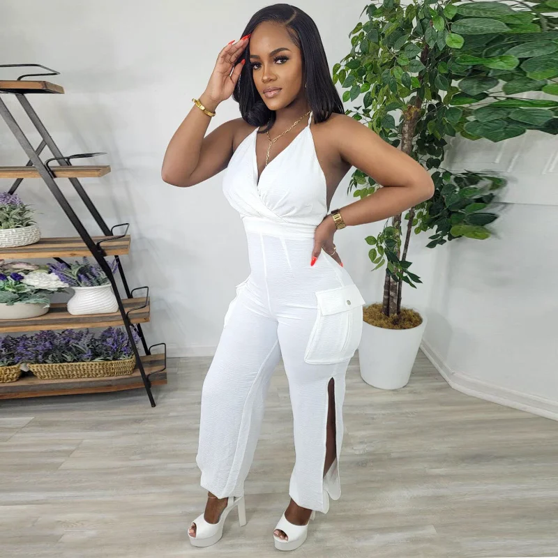 Women Fashion Cutout Side Pocket Sleeveless Wrap V-neck Halter Neck Jumpsuit 2023 Tracksuit Street Romper One Piece Set Playsuit