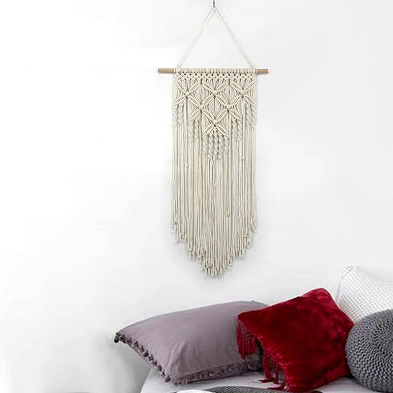 

Macrame Tapestry Wall Hanging Tapestries Woven Artwork Boho Macrame Wall Cloth Cotton thread with Wooden Stick Xmas Home Decor