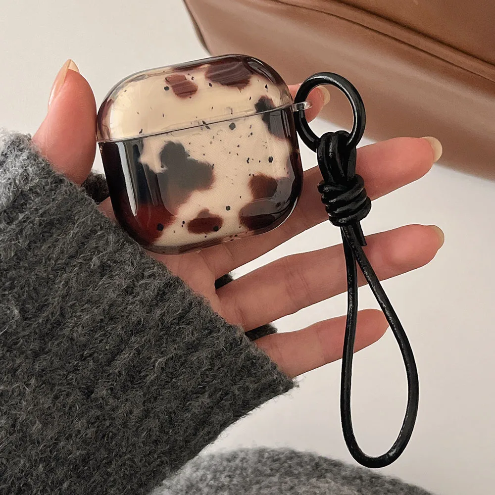Elegant Black Agate Pattern Earphone Protective Cover with Keyring and Leather Rope