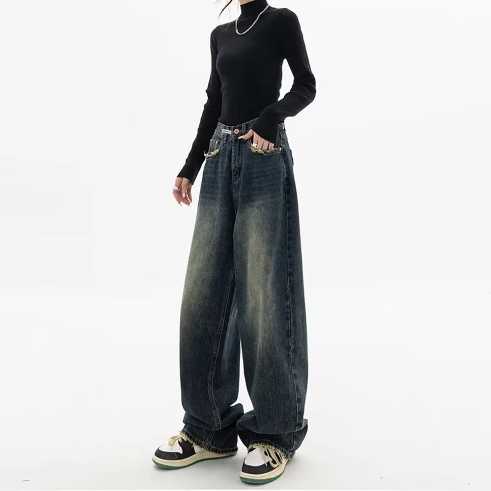 Women's Harajuku Style Loose Wide Leg Jeans Autumn Winter Street Fashion Retro Straight Loose Denim Trousers