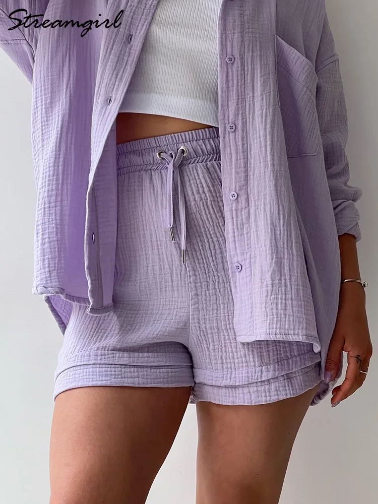 Womens Set Shorts Shirts Women | Cotton Shirt Short Set | Loose Shirt Short  Set - Shirt - Aliexpress