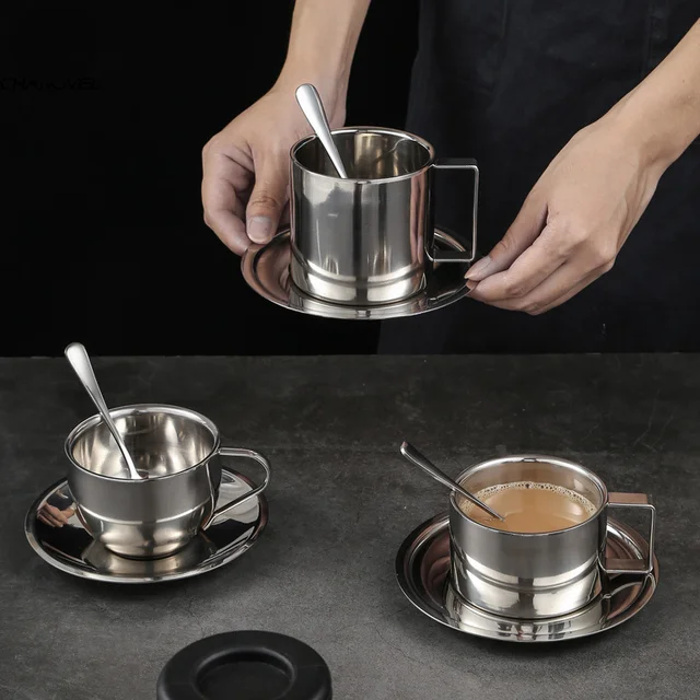 Insulated Stainless Steel Coffee Cup, Saucer