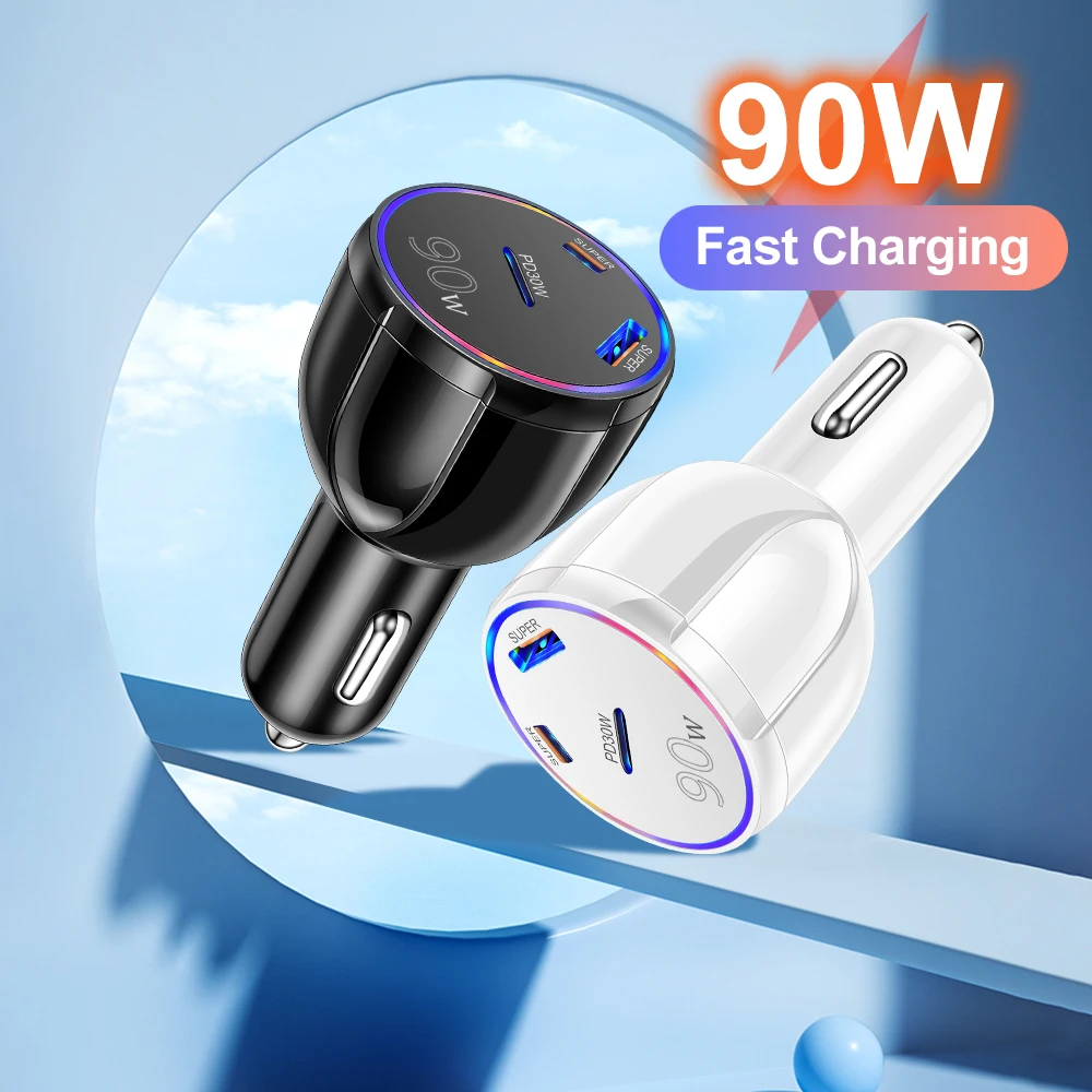 90W 3 in 1 Car Charger PD30W Type C USB Moblie Phone Fast Charging for IPhone Samsung Charger Plug Lighter Adapter Charger
