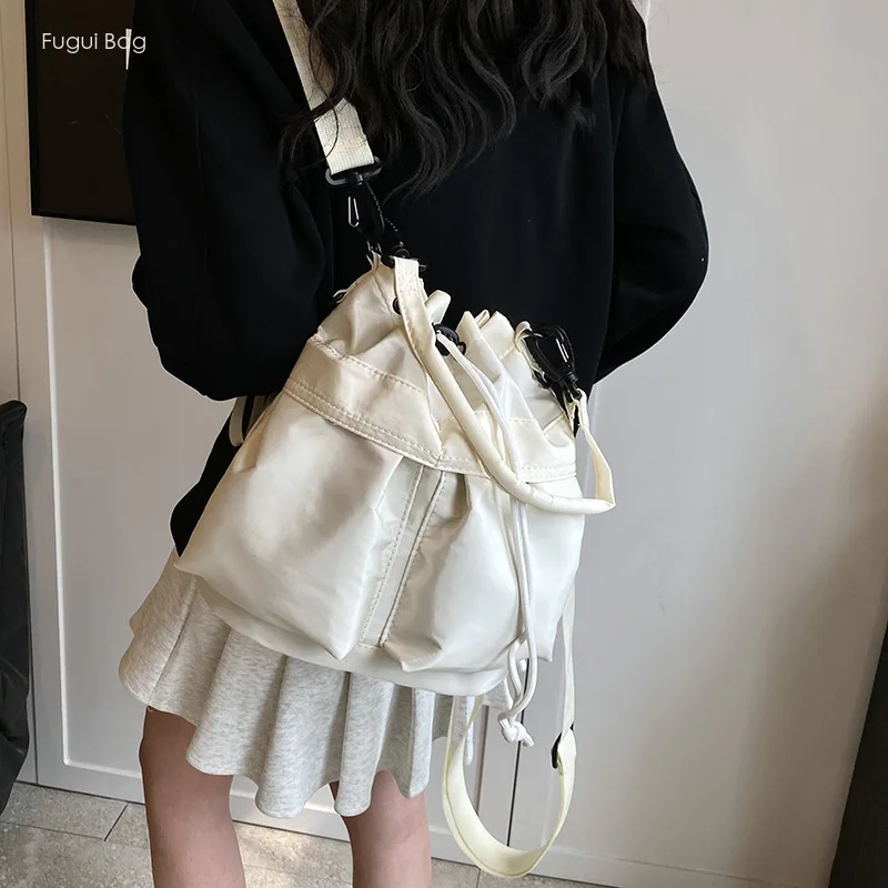 Women's Single Shoulder Crossbody Bag Double Shoulder Bag New Personalized Casual Drawstring Pleated Large Capacity Nylon