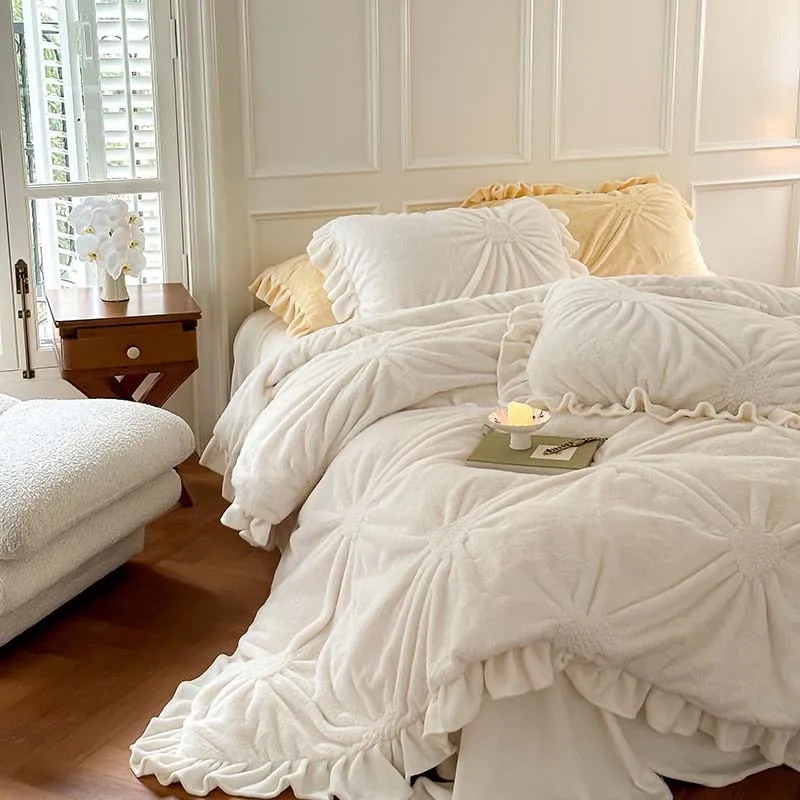 Velvet Winter Bedding Set: Ruffle Duvet Cover with Sheet Options & Pillowcases pure white