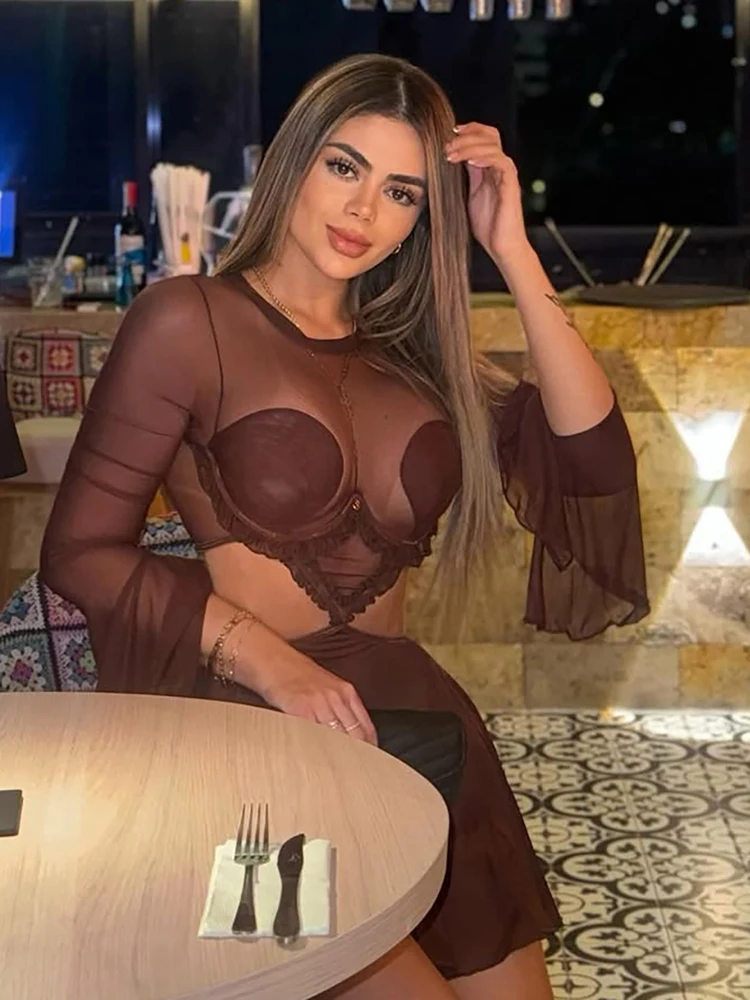 Nibber Waistless Patchwork Mesh Dress Woman o-Neck Full Sleeve Ruffle Hollow Design Midnight Club Party Sexy Fashion Bodycon 3