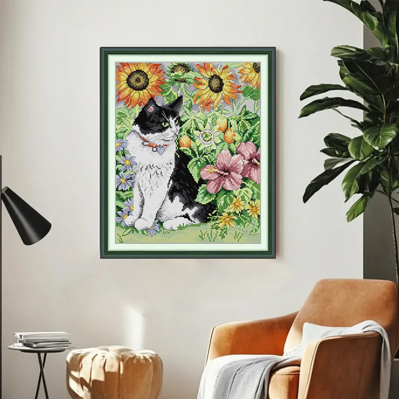 Joy Sunday Katze in Blume, Tiermuster, gezähltes Kreuzstich-Set, DMC-Stickgarn, 14/16/11 CT, bedruckter Stoff, Nähset – Detail 2