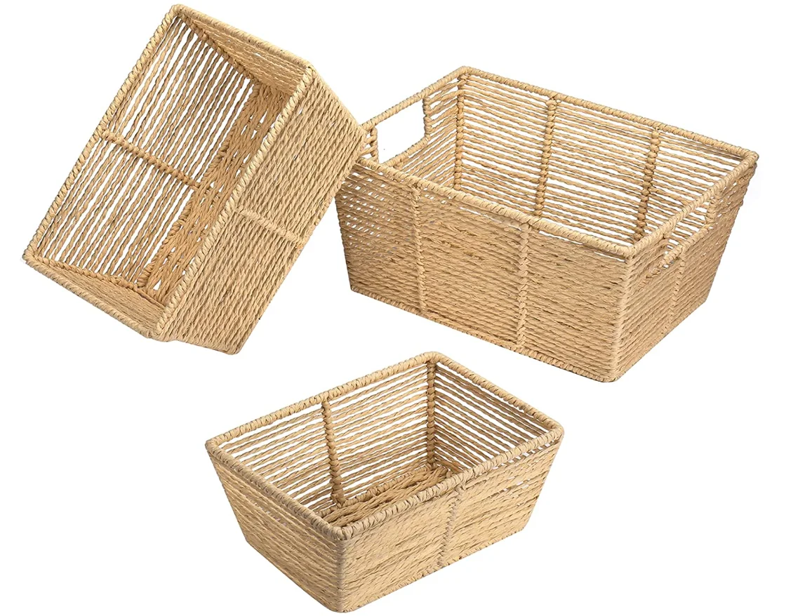 Vagusicc Wicker baskets, Round Paper Rope Small Wicker Baskets, Rectangular Woven Storage Basket