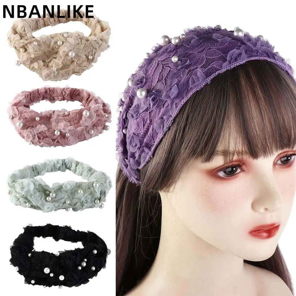 

New Vintage Flower Pearl Hairbands Non Slip Mesh Lace Headband Wide Side Wash Face Hairband