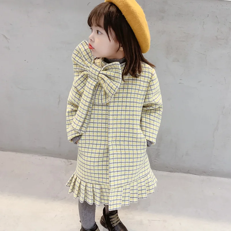 

Fashion Girl Elegant Princess Dress Woolen Coat Children Plaid Big Bow Thickened Warm Overcoat Outerwear Girls Clothes 2-10Years