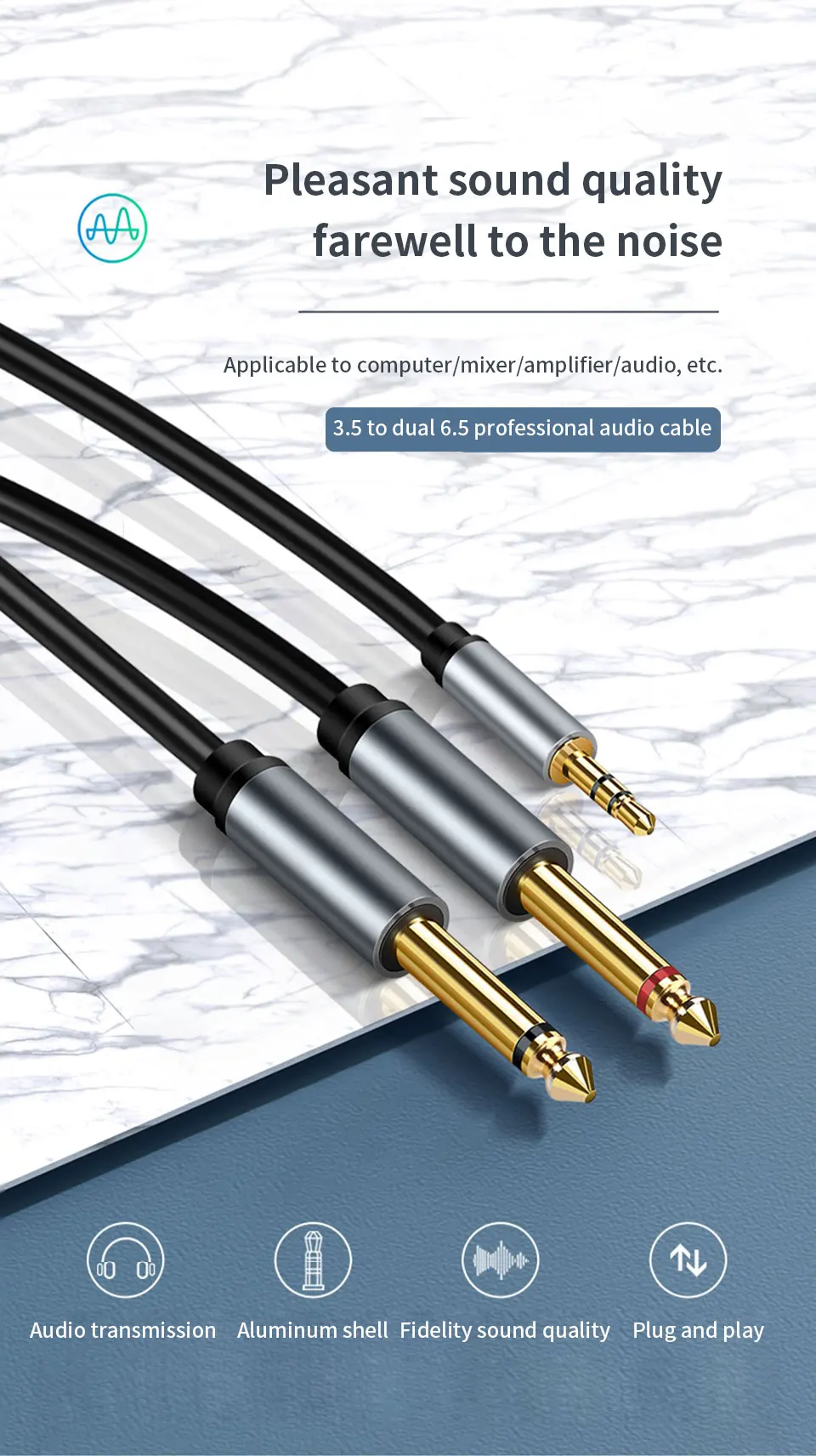 Jack 3.5mm to 6.35mm Adapter Audio Cable for Mixer Amplifier Speaker Gold Plated 6.5mm 3.5 Jack Male Splitter AUX Audio Cable