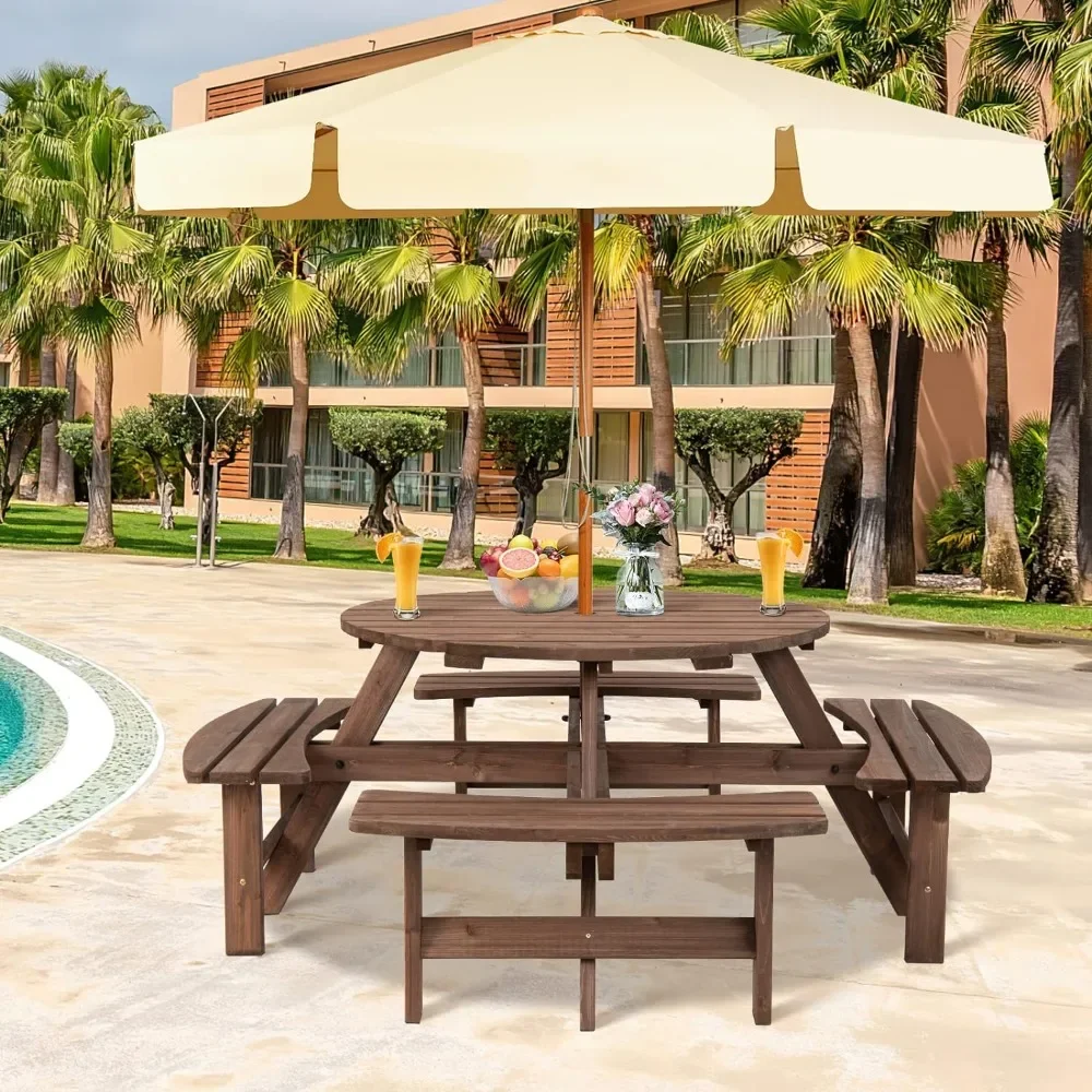 

2200 LBS Weight Capacity for Patio Camping Table Outdoor Round Patio Table With Seat & Umbrella Hole Backyard Garden Furniture