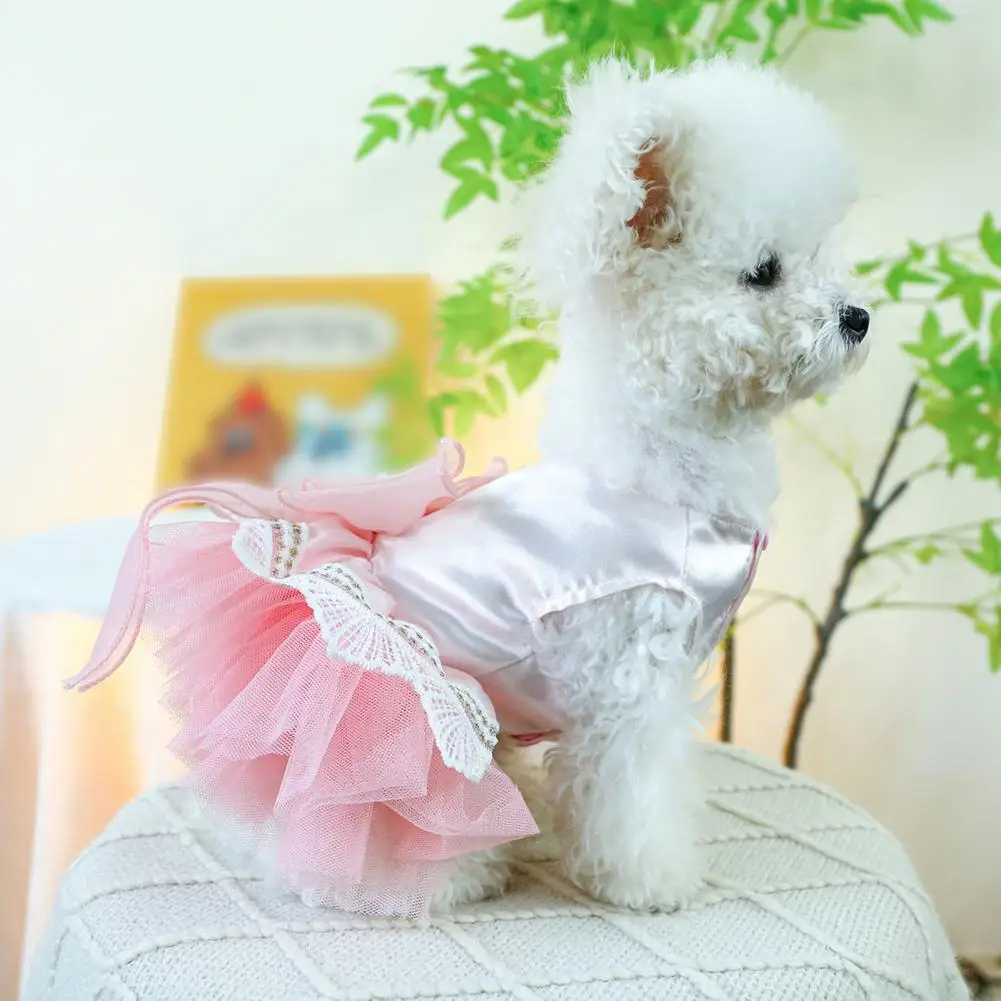 

Pet Dress With Rhinestone Charming Rhinestone Bow Decor Pet Princess Dress Fashionable Mesh Splicing Dog Wedding Apparel