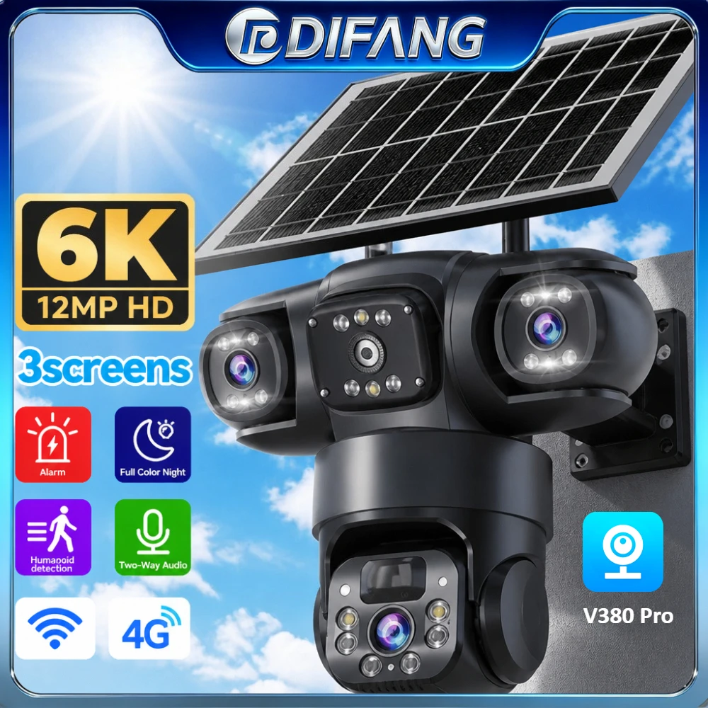 V380 Pro WiFi Triple Screens Solar Camera CCTV 4G LTE Sim Card Video Surveillance Solar IP Camera PTZ 4G Security Protection 1