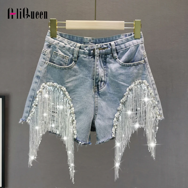 

Summer Hot Pants Streetwear Women Chic Bright Silk Shiny Sequins Tassel Denim Shorts Female Vintage Beading Sexy Jean Shorts