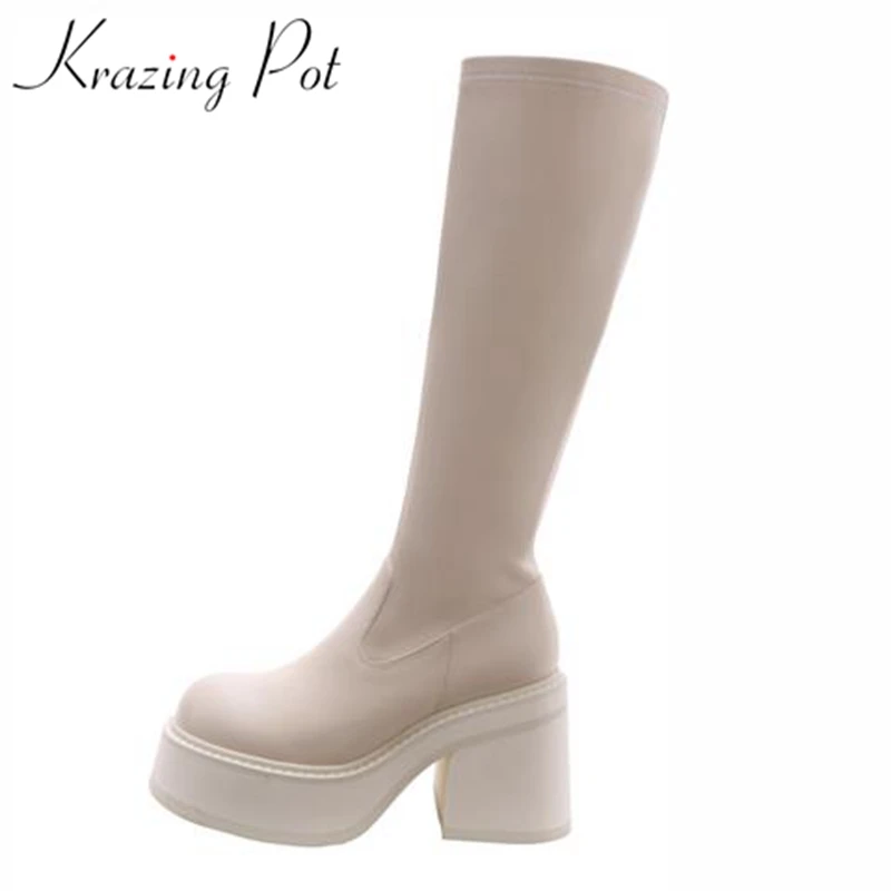 

Krazing Pot Cow Split Leather Round Toe Equestrian Long Boots Causal Thick Bottom Kpop Style Zipper Gladiator Knee-high Boots