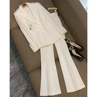 Luxury Pearls Women Pants Sets 2 Piece White Peak Lapel Single Button Wear Fashion Elegant Wedding Party Office Lady Suits 1