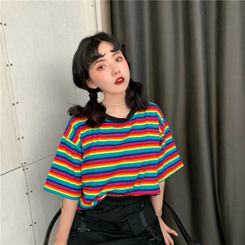 

Rainbow film cotton spandex yarn dyed T-shirt girl