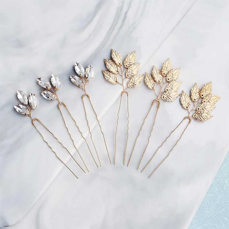 6pcs/lot Leaves Crystal Wedding Hair Pins Bridal Hair Clips Jewelry Accessories Headpieces for Women Hairpins