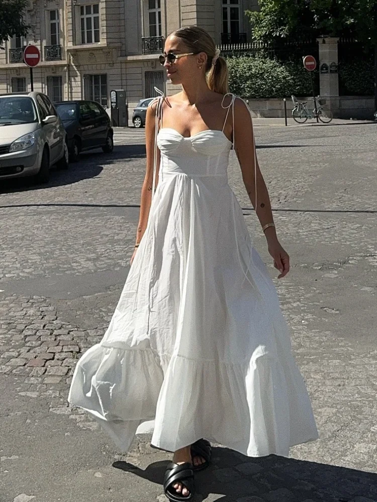 

Женское длинное платье на завязках, элегантное белое свободное платье-трапеция без рукавов, с открытой спиной и оборками на подоле, Летнее цветочное платье