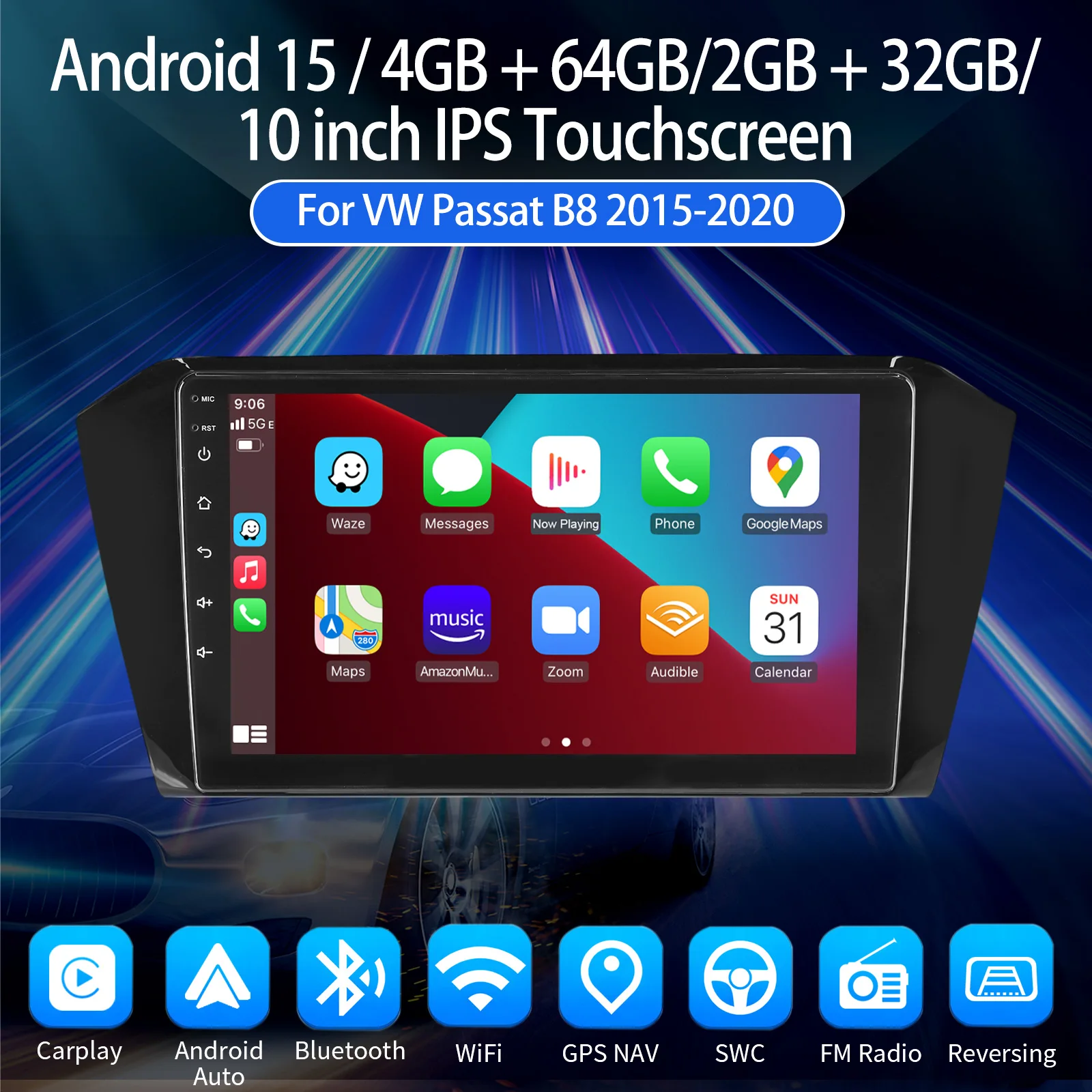 ESSGOO Autoradio Android15 10" 4+64 GB für VW Passat B8 Magotan 2015-2020 Wireless CarPlay GPS Navigation Bluetooth RDS WiFi Lenkradsteuerung Mirror Link Android Auto 2+32 GB – Detail 1