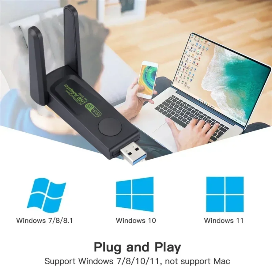 1300Mbps WiFi USB 어댑터 듀얼 밴드 2.4G/5Ghz Wi-Fi 동글 802.11AC PC 노트북 드라이버 용 강력한 안테나 무선 수신기 무료