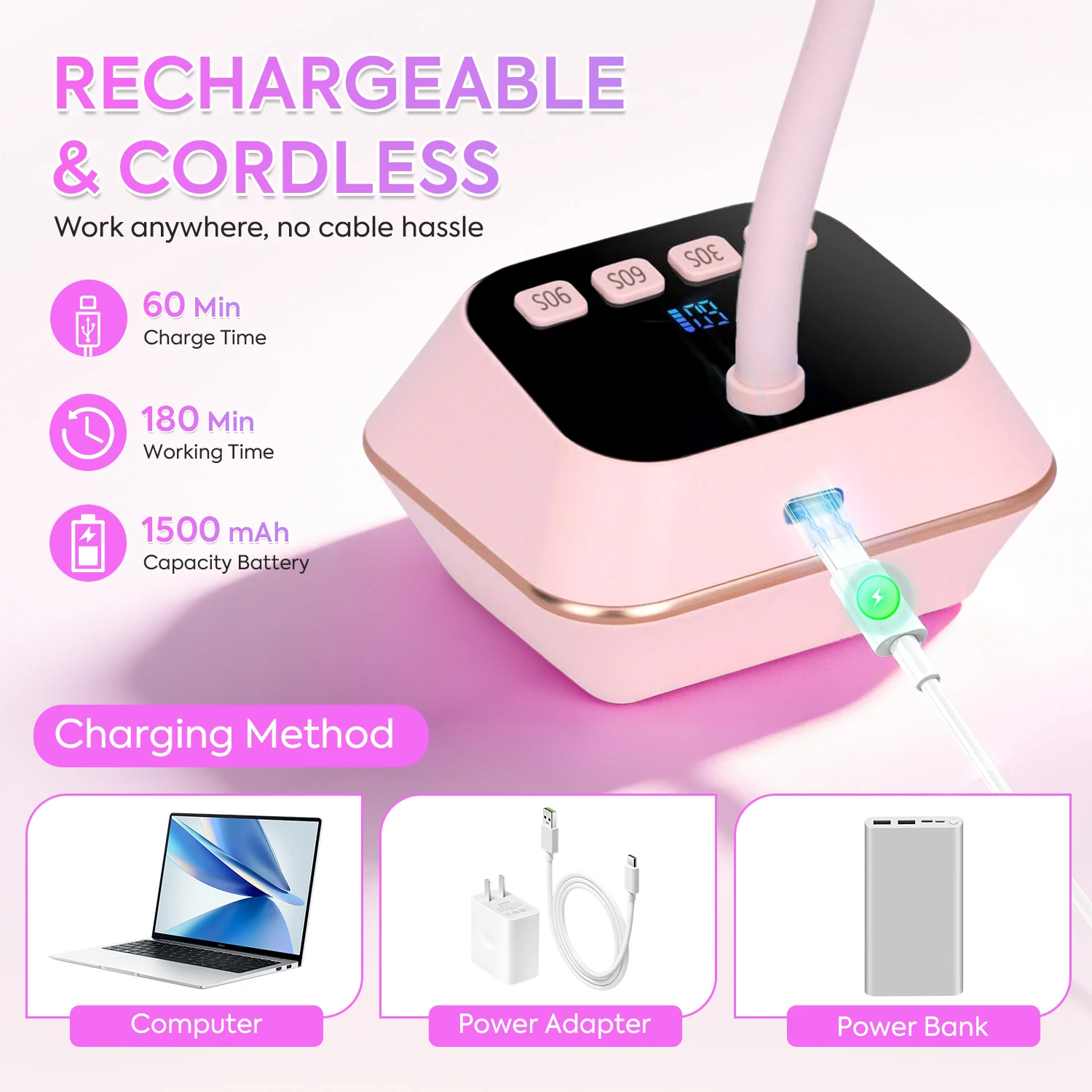 12개의 LED, 3가지 타이머 설정, LCD 디스플레이, 1500mAh 배터리, 빠른 경화를 위한 휴대용 젤 네일 램프가 포함된 무선 네일 드라이어