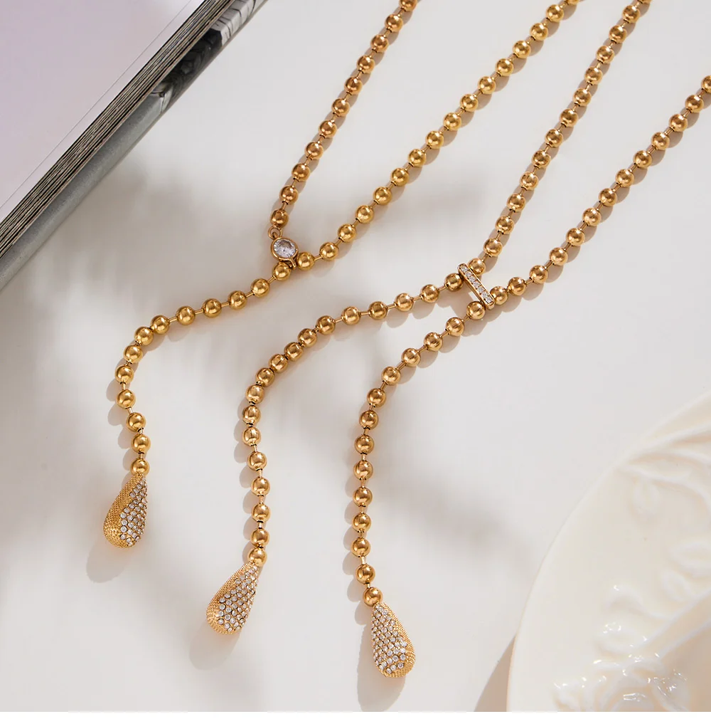 Glänzende Zirkon-Wassertropfen-Anhänger-Halskette für Damen, 316er Edelstahl, vergoldete Perlenkette, Halskette, Tropfen-Ohrringe, Schmuckset – Detail 12