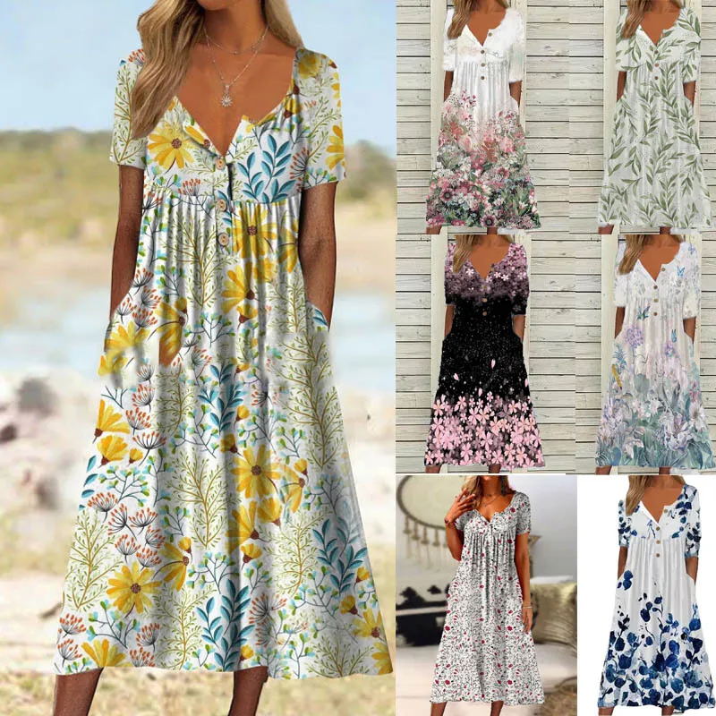 

Women New Loose Vintage Ruffles Pocket Casual Button Befree Dress Large Big Summer Printed Party Beach Dresses