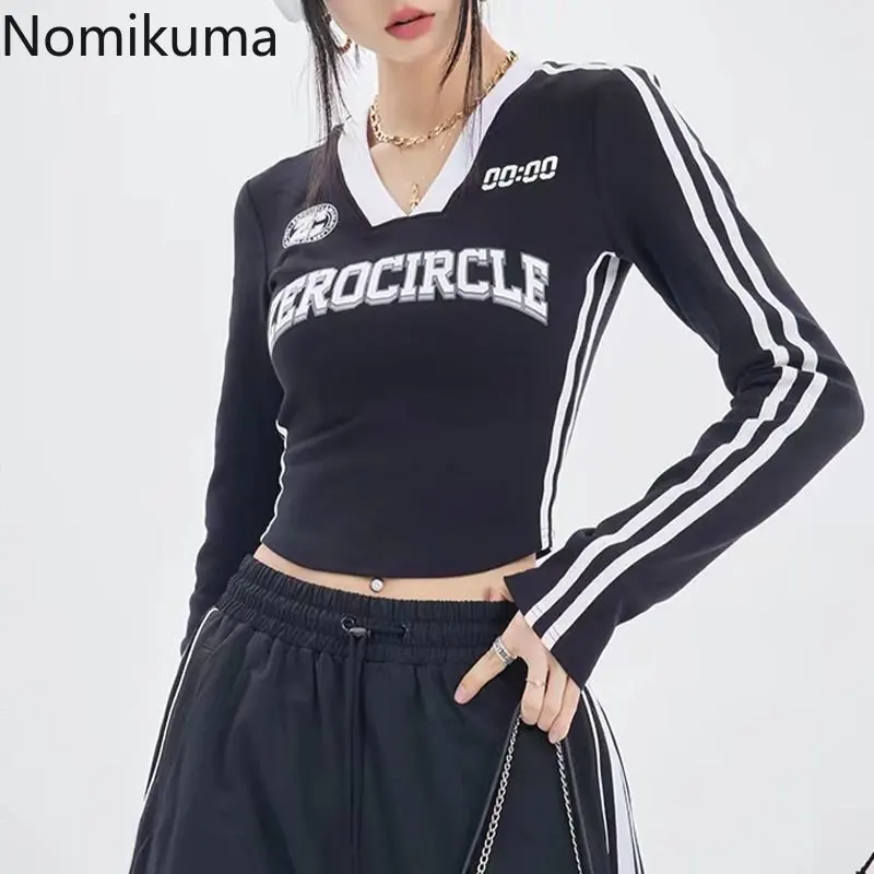 

Кроп-топ Nomikuma, весна-осень, V-образный вырез, буквенный принт, полосатый, тонкий, шикарный, с длинным рукавом, винтажный Harajuku, мода Y2k, уличная одежда