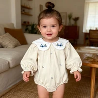 Autumn Newborn Infant Solid Color Bodysuit Girls Romper Floral Embroidery Long Sleeved Jumpsuit Baby Lapel Clothes Infant Clothe