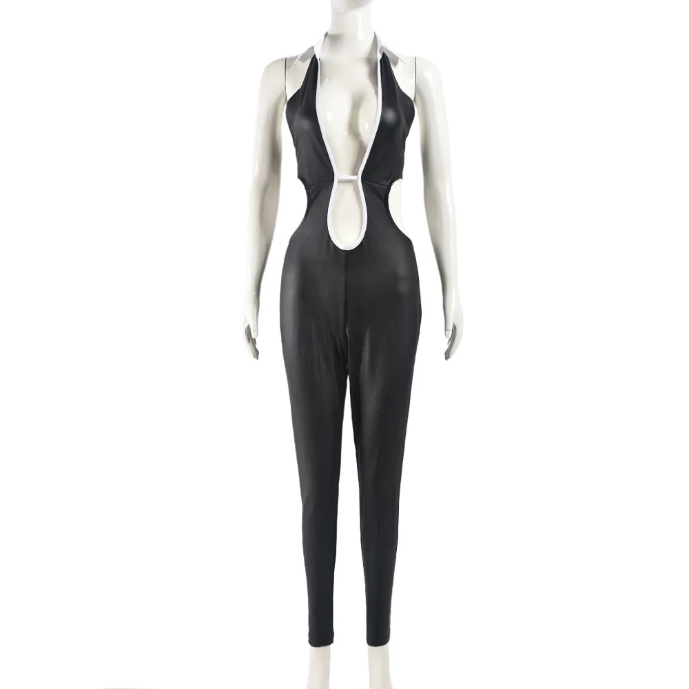 Backless Hollow Out Jumpsuit Women 2024 Summer Fashion New Shirt Collar Sleeveless Bandage Low-Neck Overalls Streetwear
