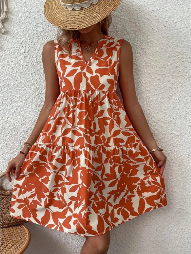 

Bohemian Print Ruffles A Line Dress Women Summer Elegant V Neck Sleeveless Sundress Casual Loose Knee Length Beach Party Dress