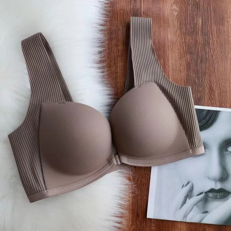 Women's Front Button Seamless Bra Wire Free Anti Sagging Underwear Push Up Gathered Bralette Solid Soft Breathable Lingerie Bras