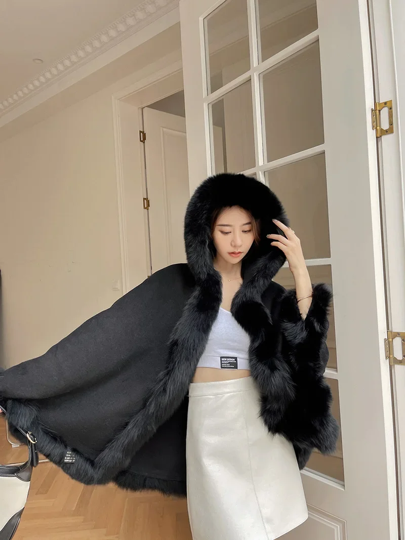 Winter Jacket Women's Clothing Medium Length Fox Fur Cape Wool Double-sided Fur Coat Hooded Warm Thick Loose Fitting Outer Wear