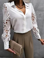 Plus Size 1XL-5XL Women's Elegant Lace Blouse Button Ladies Fashion Long Sleeve Lace Splicing Blouse Shirt