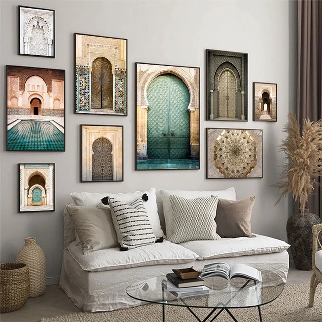 Affiches décoratives d'architecture de coutumes arabes de porte marocaine,  art mural islamique, impressions de gestion