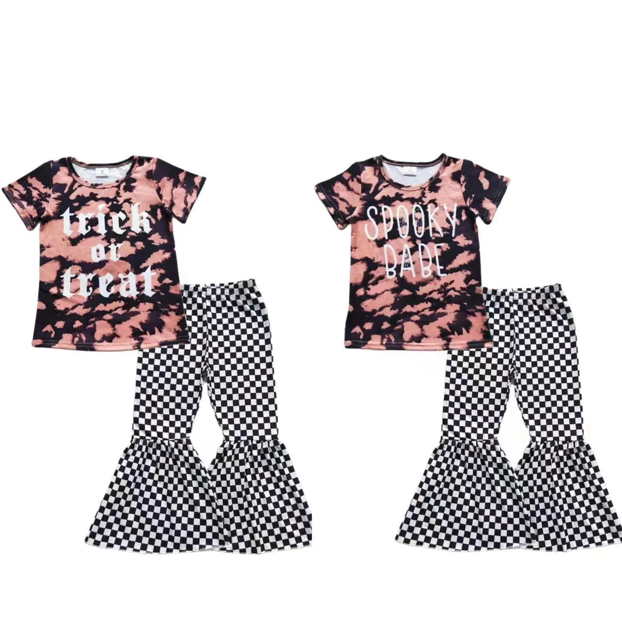 

Wholesale Kids Infant Children Outfit Toddler Short Sleeves Tie Dye Letter Shirt Checkered Bell Pants Baby Girl Halloween Set