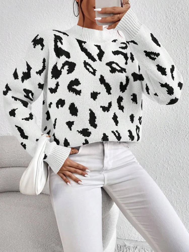 2025 Women Leopard Printed Sweaters Autumn Casual O-Neck Pullovers Thick Long Sleeve Loose Jumpers Casual Splice Warm Sweater