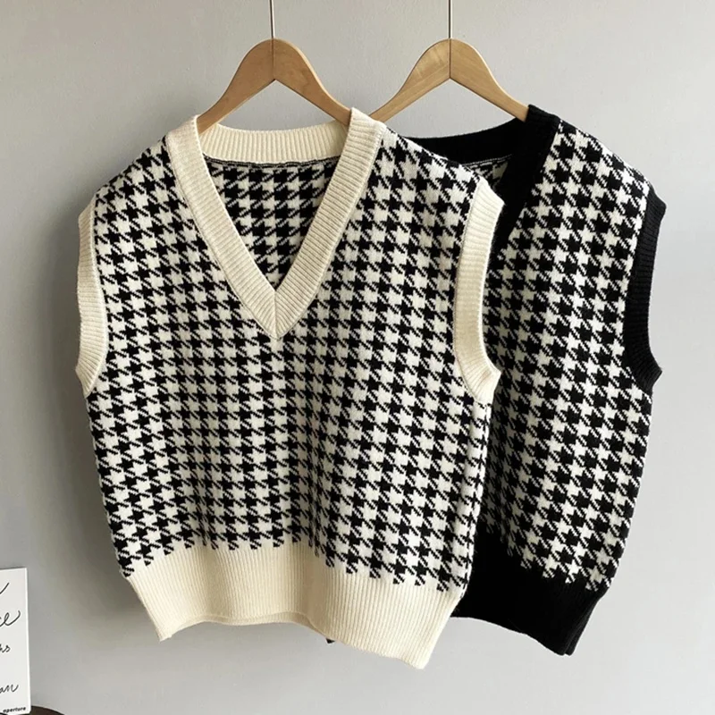 Women Plaid Knitted Vest Sweater Pullover