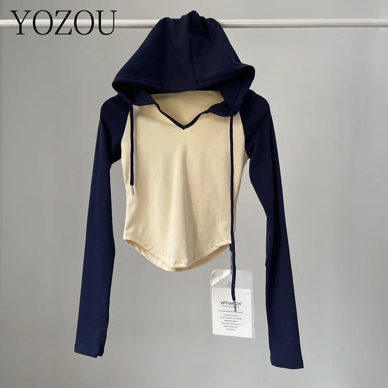 

[YOZOU] хлопковый укороченный Топ с длинным рукавом и капюшоном в американском стиле, облегающие колготки, одежда для йоги, спортивная детская футболка, женская футболка, уличная мода