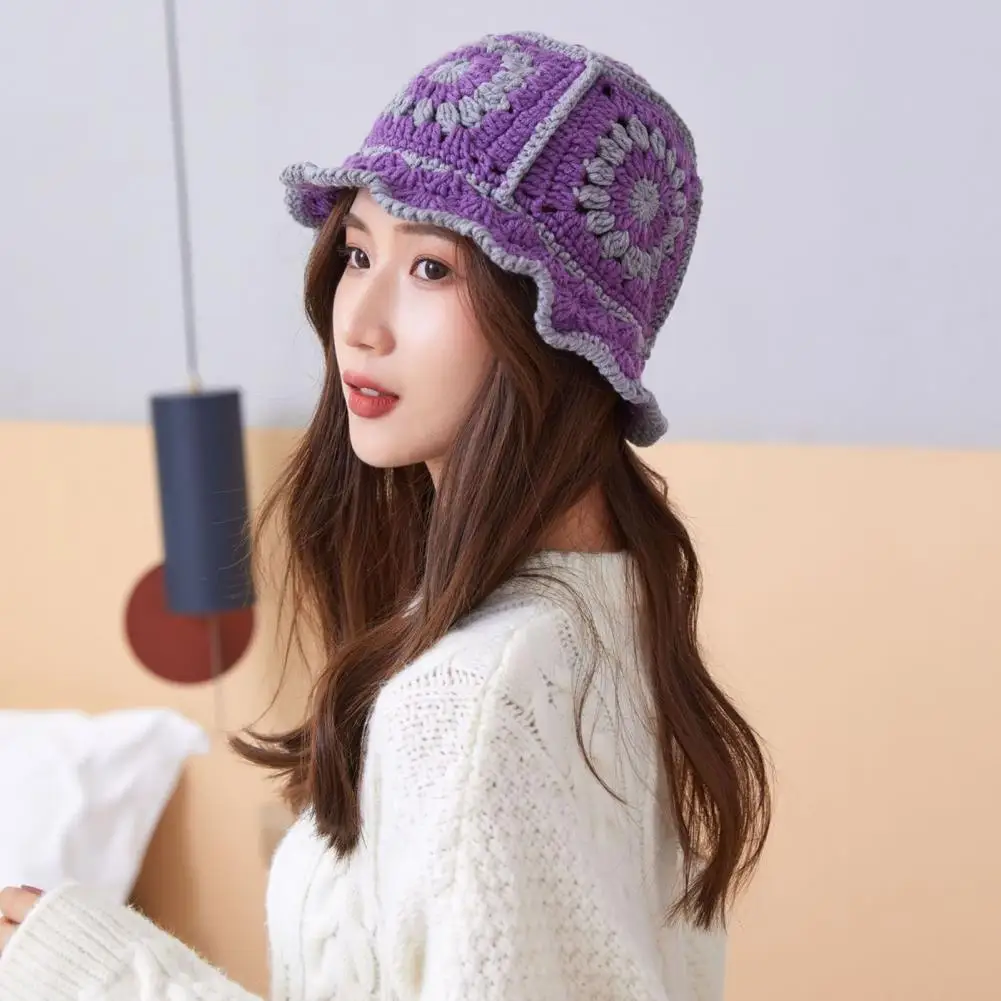 

Ladies Knitted Hat Hollow Out Crochet Knitting Flower Pattern Knitted Bucket Hat for Outdoor Uv Protection Foldable Sun Cap 모자